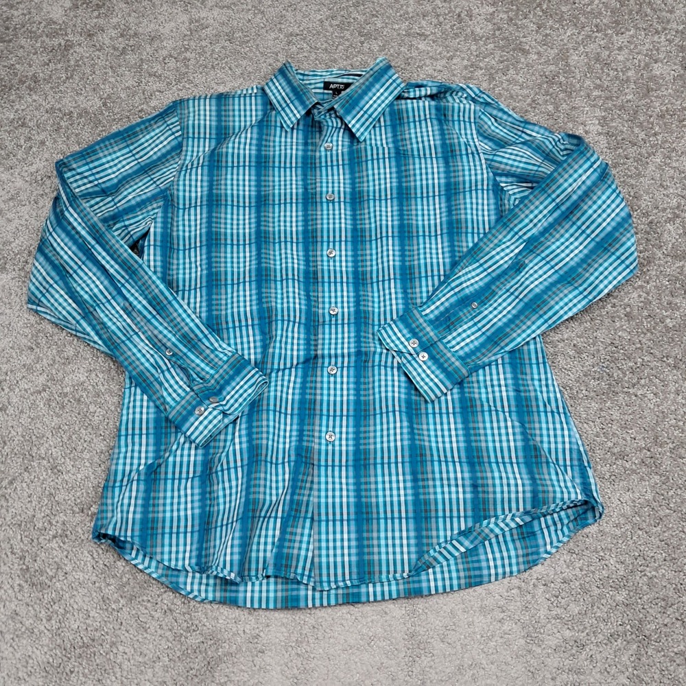 Apt 9 Mens Teal‎ Blue Plaid Button Down Shirt Long Sleeve 100% Cotton Large